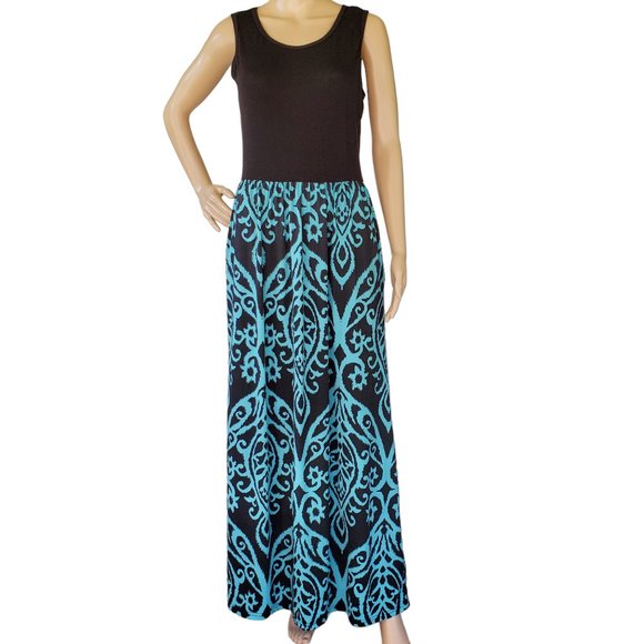 Boho T Shirt Maxi Dress Women's M Teal Black Stretch Knit Pockets Sleeveless - Picture 3 of 12